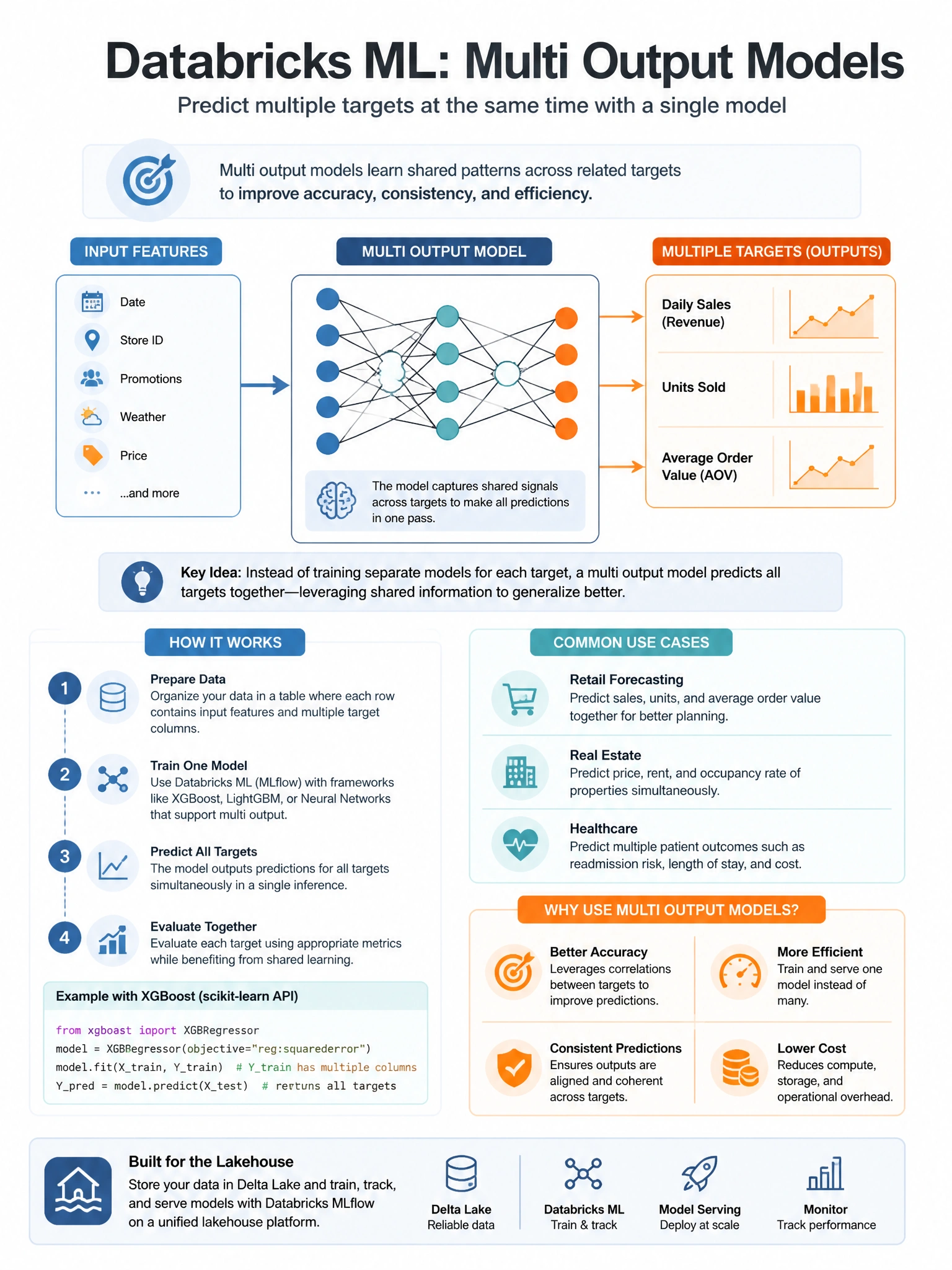 Educational infographic 1024x768 for Databricks ML: multi output models. Clean lakehouse blue/orange diagram style, DBML q289.