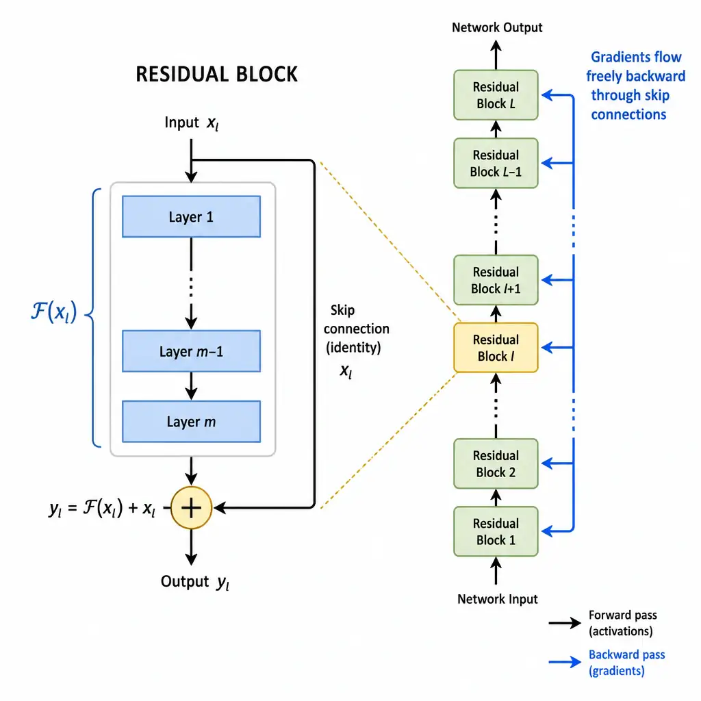Diagram of a residual block showing the input routed both through a stack of layers and around them via a skip connection that adds back to the output, with an arrow illustrating gradients flowing freely backward through the shortcut path in a very deep stack of blocks.