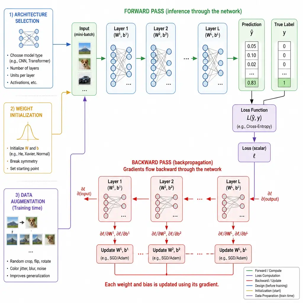 Diagram showing a forward pass producing a prediction, a loss function comparing it to the true label, and an arrow flowing backward through the network layers computing gradients that update each weight, contrasted with side callouts for architecture selection, weight initialization, and data augmentation happening at different pipeline stages.