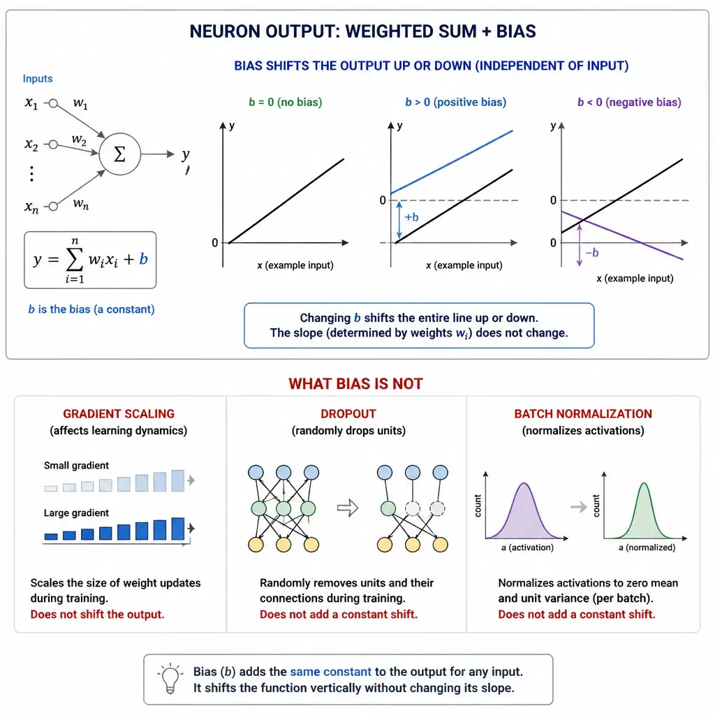 Diagram of a neuron's weighted sum plus bias equation shown as a line graph shifting up or down independent of input, contrasted with separate icons for gradient scaling, dropout, and batch normalization to show what bias is not.