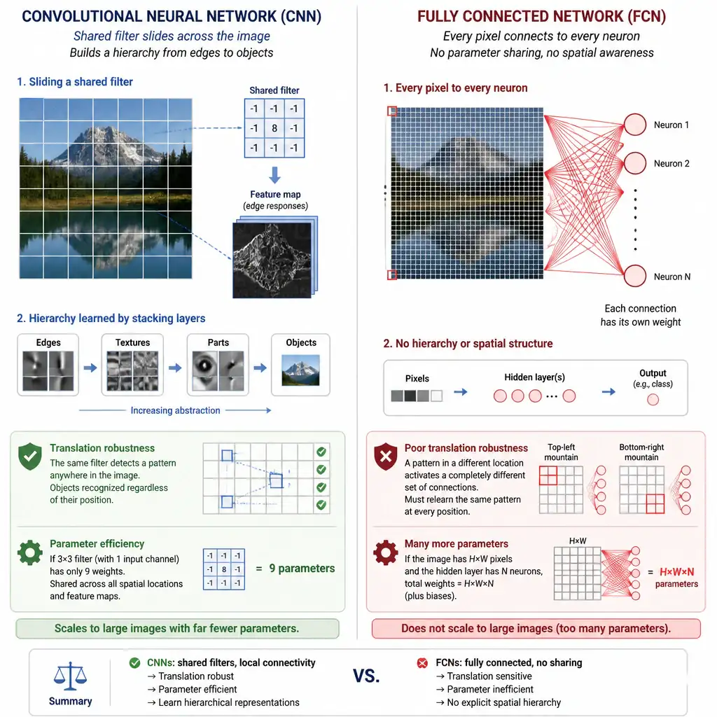 Side-by-side comparison of a CNN sliding a shared filter across an image to build a hierarchy from edges to objects, versus a fully connected network wiring every pixel to every neuron with independent weights, highlighting translation robustness and parameter efficiency.