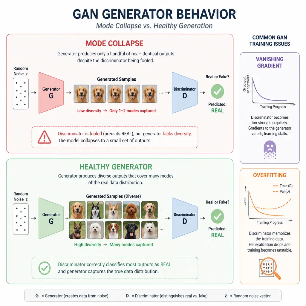 Diagram of a GAN generator producing only a handful of near-identical outputs despite the discriminator being fooled, labeled mode collapse, contrasted with a healthy generator producing diverse outputs, and small side icons distinguishing vanishing gradient and overfitting.