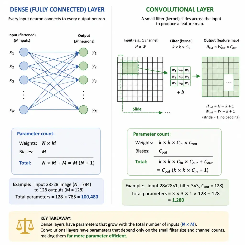 Side-by-side diagram of a dense layer with every input neuron wired to every output neuron versus a convolutional layer with one small filter sliding across the input to produce a feature map, labeling the parameter-count contrast between the two.