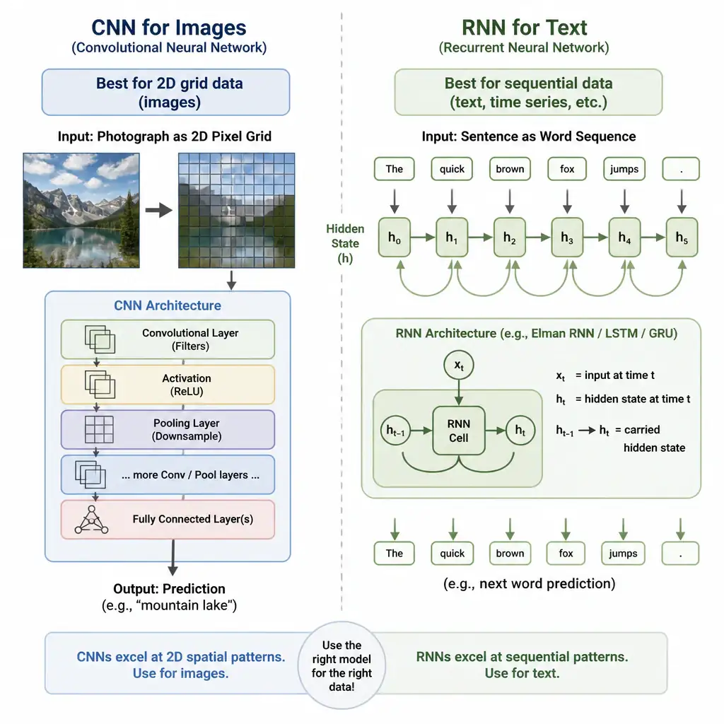 Split diagram showing a photograph as a 2D pixel grid feeding into a CNN on one side, and a sentence flowing word by word into an RNN with a carried hidden state on the other, labeling the correct architecture-to-data-type pairing.
