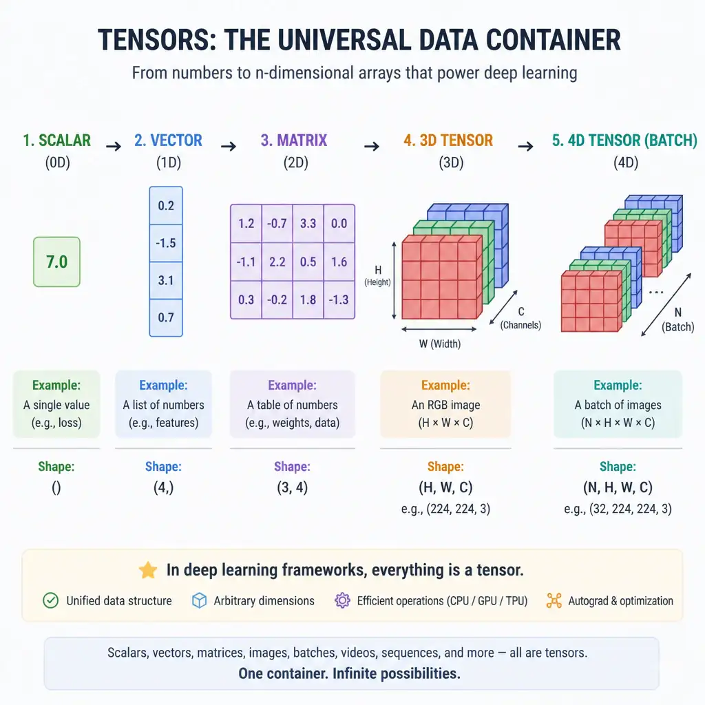 Diagram showing the progression from a scalar to a vector to a matrix to a stacked 3D tensor (like an RGB image) and a 4D batch of images, illustrating tensors as the universal data container in deep learning frameworks.