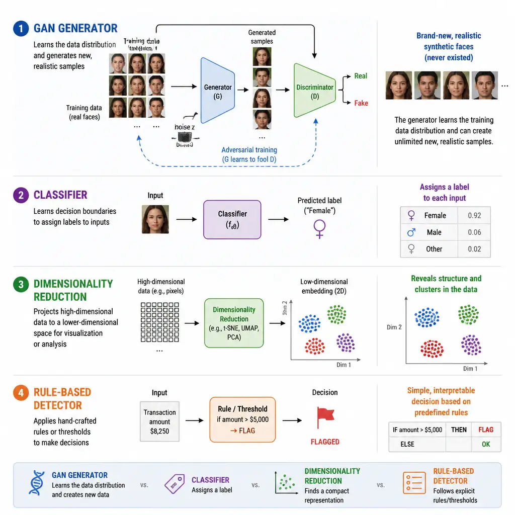 Diagram of a GAN generator learning the training data's distribution and producing brand-new, realistic synthetic samples (like a face that never existed), contrasted with a classifier assigning labels, a dimensionality-reduction scatterplot, and a rule-based threshold detector.