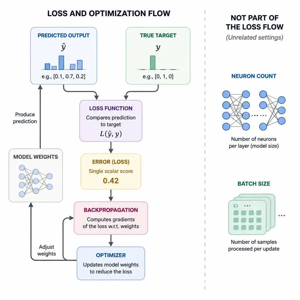 Diagram of a predicted output and a true target value being compared by a loss function that outputs a single error score, feeding into backpropagation and an optimizer that adjusts weights, contrasted with unrelated icons for neuron count and batch size.