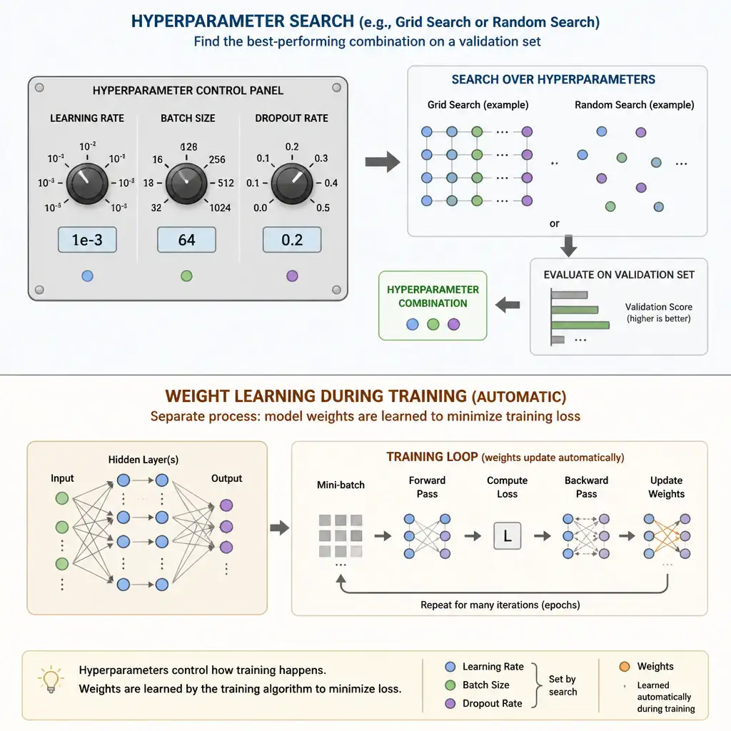 Diagram of a control panel with dials labeled learning rate, batch size, and dropout rate being searched over (grid search or random search) to find the best-performing combination on a validation set, contrasted with the separate automatic process of weight learning during training.