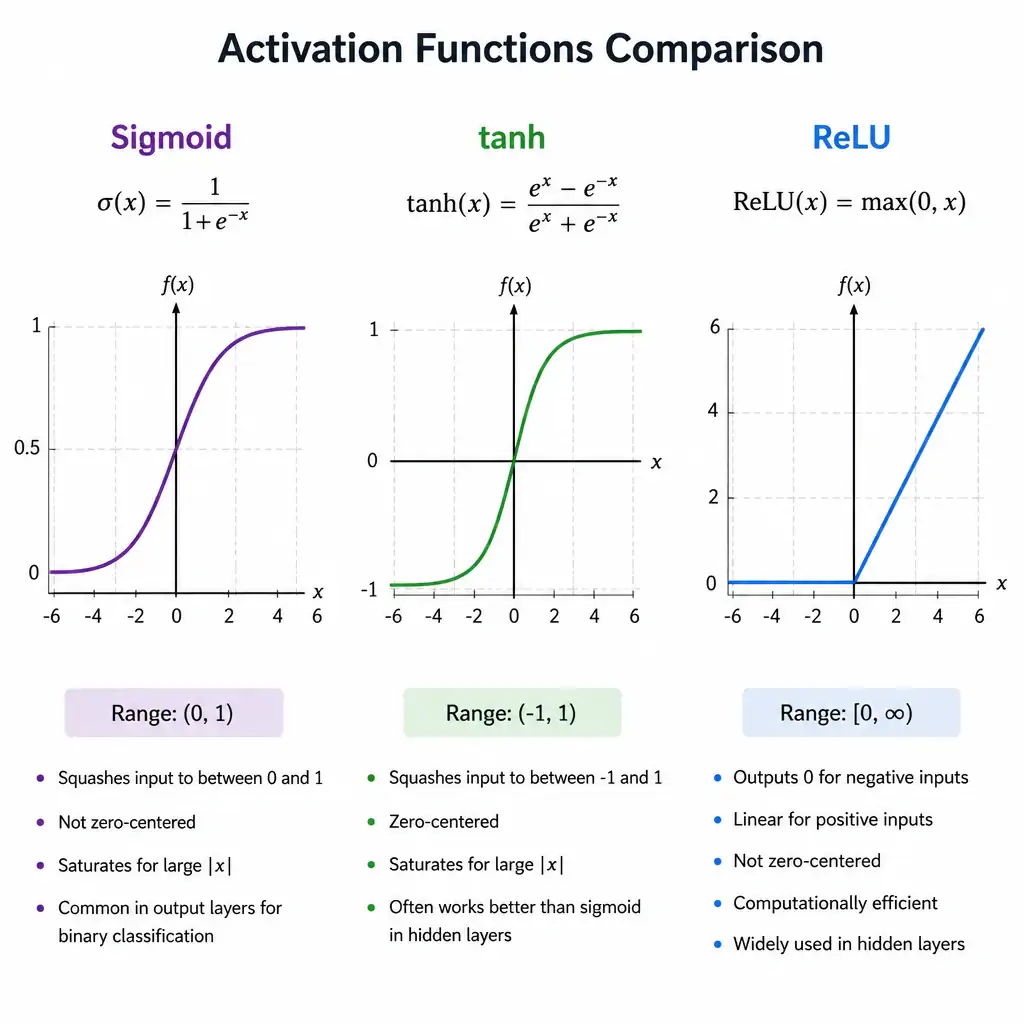 Diagram comparing three activation function curves side by side: sigmoid squashing into (0,1), tanh squashing into (-1,1) and centered on zero, and ReLU zeroing negative inputs while passing positive inputs unchanged.