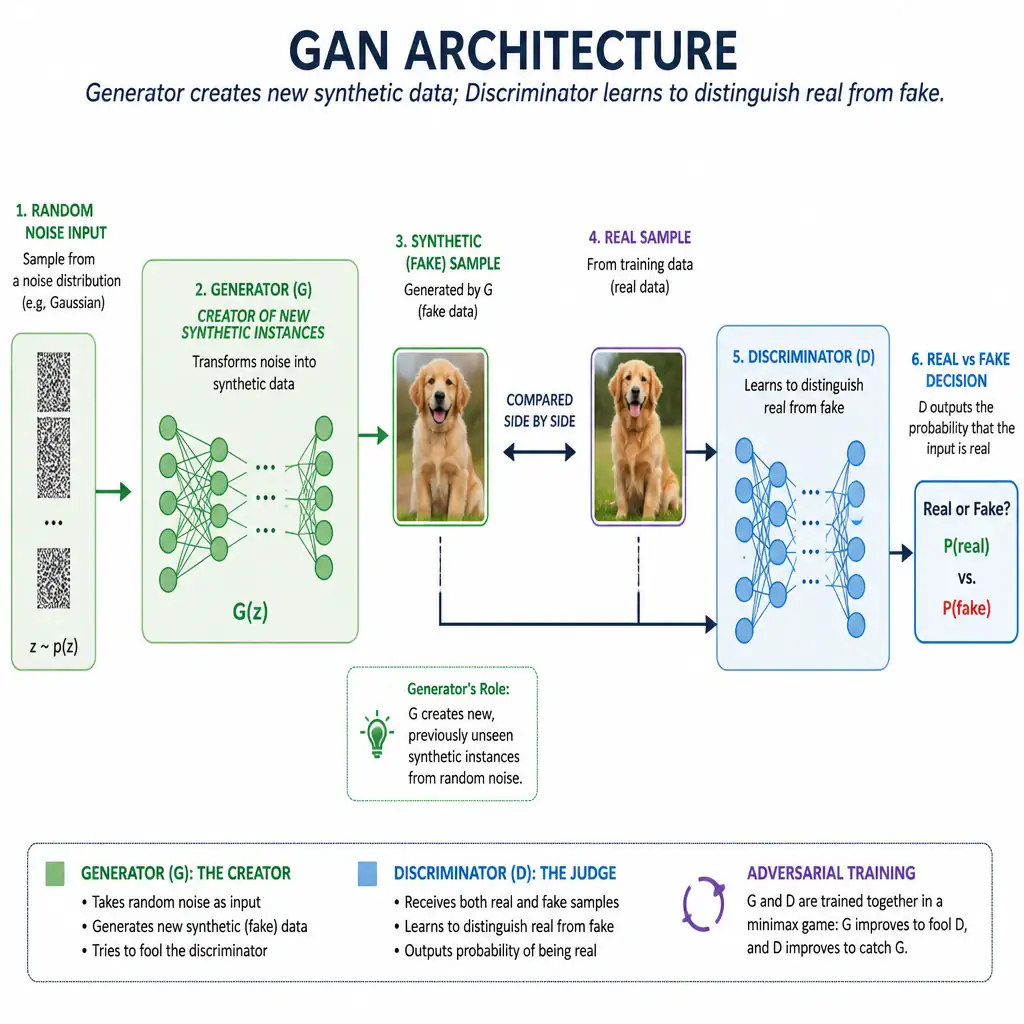 Illustrate a GAN architecture diagram showing random noise flowing into a generator network, the generator producing a synthetic/fake data sample, that sample being compared side by side with a real training sample, and both feeding into a discriminator network with a real-vs-fake decision output. Emphasize the generator's role as the creator of new synthetic instances.
