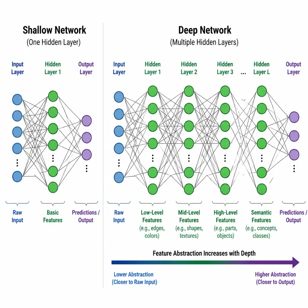 Side-by-side diagrams: a shallow network with input, one hidden layer, output; a deep network with input, several stacked hidden layers, output, with an arrow showing feature abstraction increasing with depth.