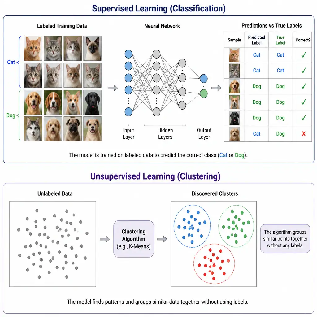 A grid of labeled animal images (cat, dog) feeding into a neural network with an output layer showing predicted labels being compared against true labels, contrasted with unlabeled dots being clustered in a separate panel.