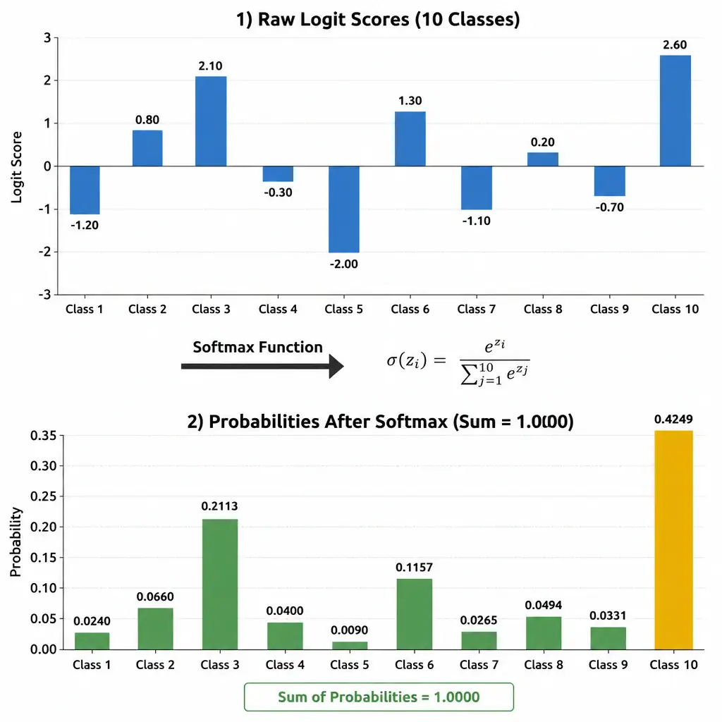 A bar chart of raw logit scores for 10 classes transforming through a softmax function into a second bar chart of probabilities that visibly sum to 1, with the highest bar highlighted.