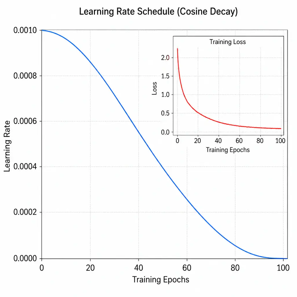 A line graph showing learning rate on the y-axis decreasing over training epochs on the x-axis, following a cosine or step-decay curve, with an inset showing the corresponding loss curve converging more smoothly.