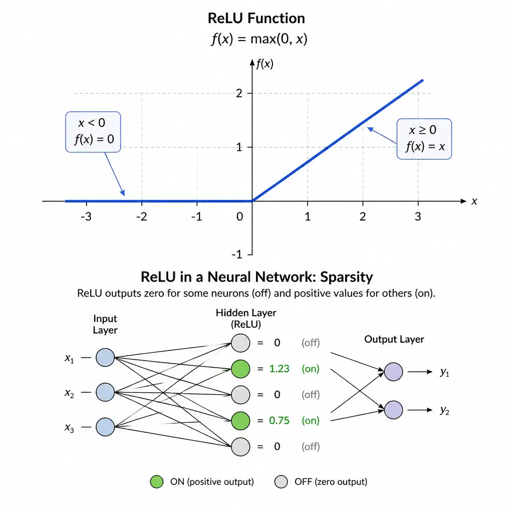 A graph of the ReLU function showing a flat zero line for negative x values and a diagonal line for positive x values, alongside a small network diagram showing some neurons 'off' (zero output) and others 'on' to illustrate sparsity.