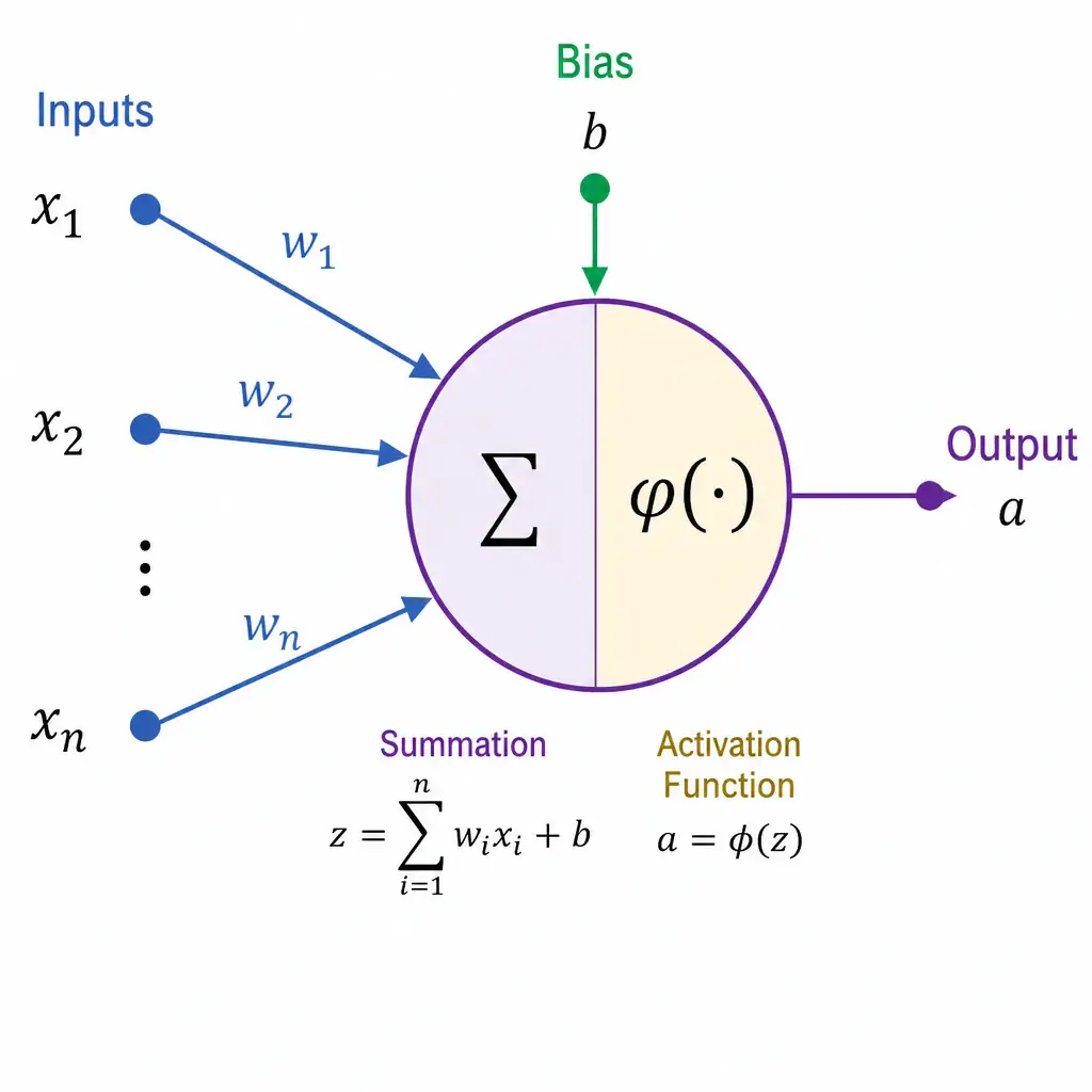 A close-up diagram of a single artificial neuron showing multiple weighted input arrows converging, summing with a bias, and passing through an activation function symbol to produce one output arrow.