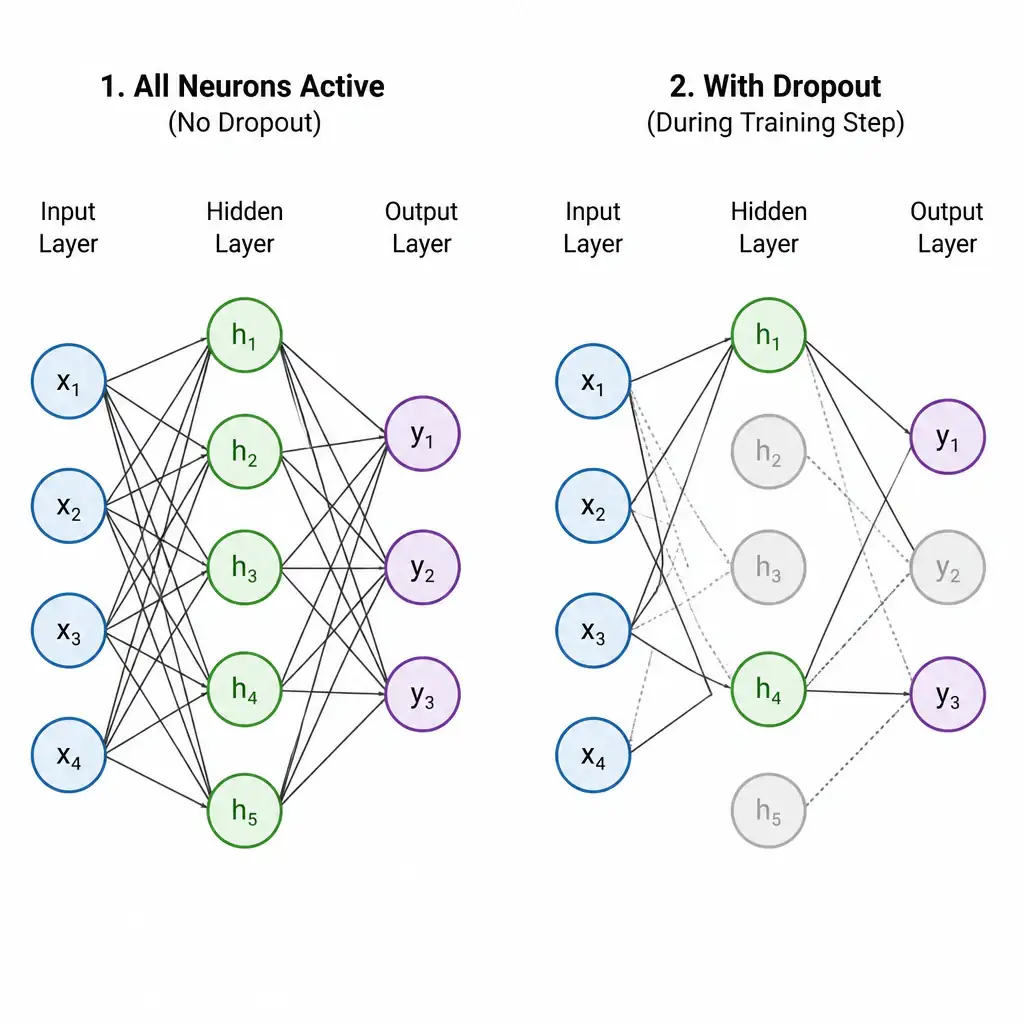 Two versions of the same small neural network side by side: one showing all neurons active, another showing several neurons grayed out and disconnected to represent random dropout during a training step.