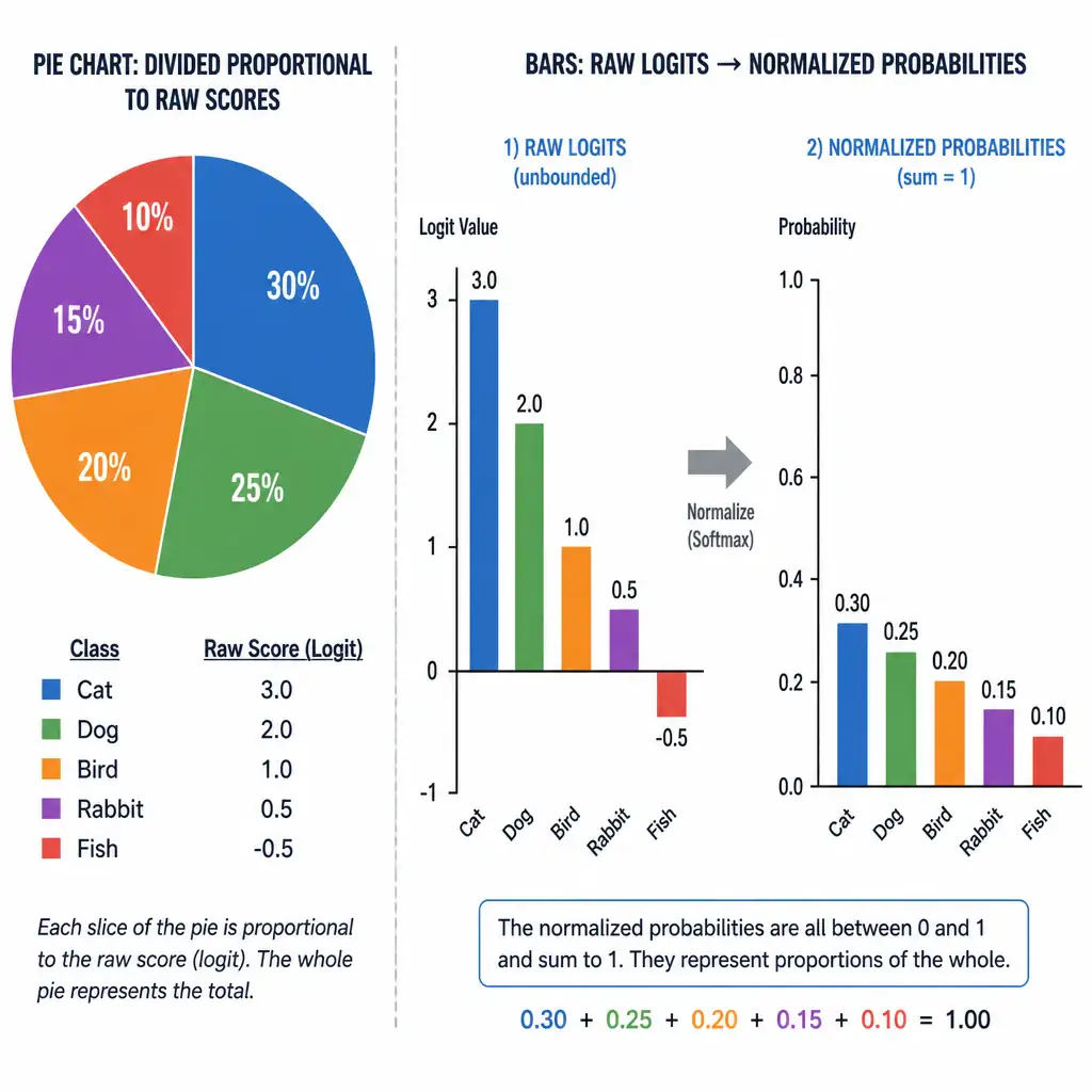 A pie chart being divided among several class labels proportional to their raw scores, next to a bar chart showing raw logits on one side transforming into normalized probability bars summing to 1 on the other.