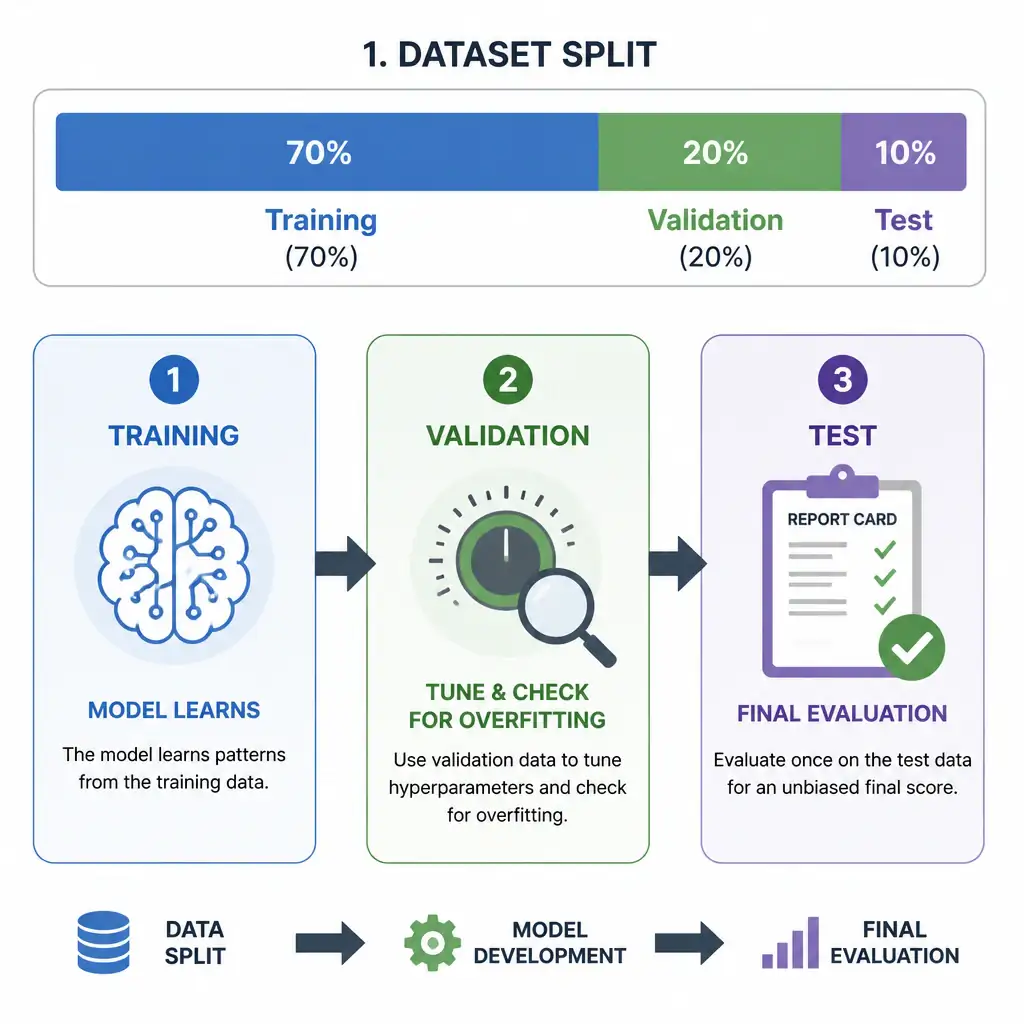 A clean infographic showing a dataset split into three labeled buckets: Training (largest), Validation (medium), and Test (smallest), with icons showing training = 'model learns', validation = 'tuning dial + magnifying glass for overfitting', and test = 'final report card / checkmark', arrows showing the workflow order.