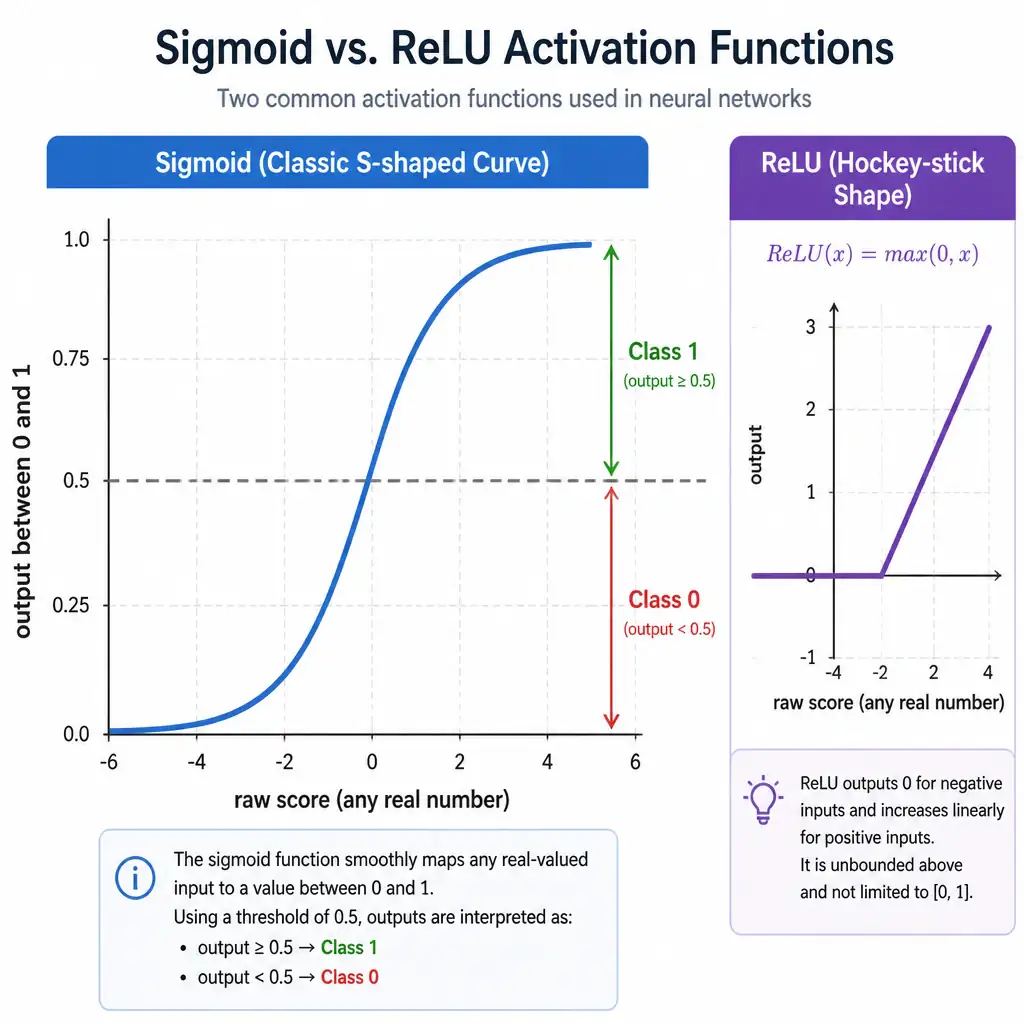 An infographic showing the classic S-shaped sigmoid curve on a graph with x-axis labeled 'raw score (any real number)' and y-axis labeled 'output between 0 and 1', with a threshold line at 0.5 splitting into 'Class 0' and 'Class 1' regions, contrasted with a small side panel showing ReLU's hockey-stick shape.