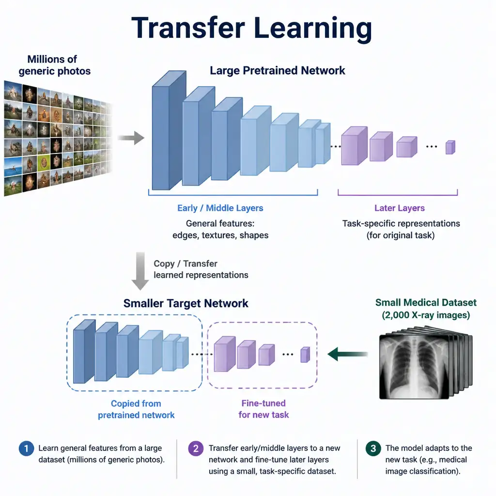 An infographic showing a large pretrained network icon (millions of generic photos flowing in) with its early/middle layers labeled 'general features: edges, textures, shapes' being copied over into a smaller network, with an arrow to a small medical dataset icon (2,000 X-ray images) feeding into the later layers labeled 'fine-tuned for new task', title 'Transfer Learning'.