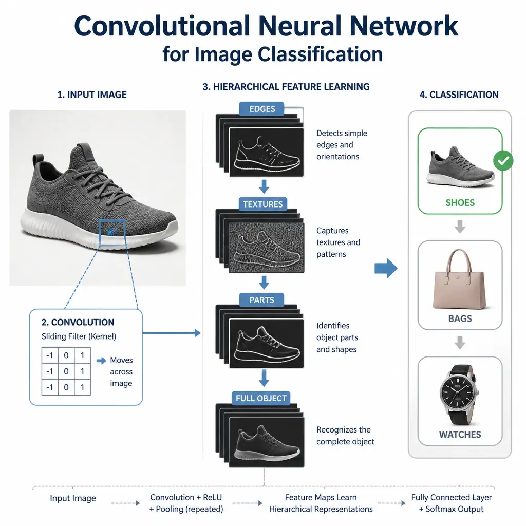 An infographic showing a product photo (a shoe) with a small sliding filter/kernel box moving across it detecting edges, feeding into stacked layers labeled 'edges -> textures -> parts -> full object', ending in classification labels 'shoes / bags / watches', title 'Convolutional Neural Network for Image Classification'.