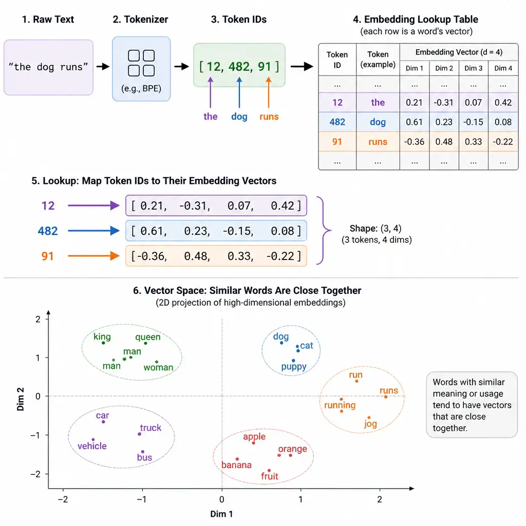 An infographic showing the pipeline: raw text 'the dog runs' -> tokenizer producing integer IDs [12, 482, 91] -> arrow into an embedding lookup table -> each ID mapped to a dense vector of numbers, then a 2D scatter plot showing similar words like 'dog' and 'cat' clustered close together in vector space.