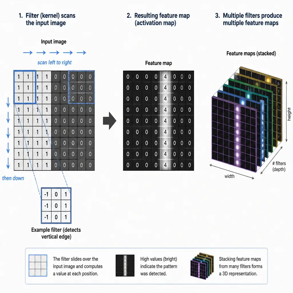 An infographic showing a small filter/kernel box sliding across an input image grid in a scanning motion, with an arrow pointing to a resulting 2D grid labeled 'feature map' showing bright spots where the pattern (e.g., a vertical edge) was detected and dark spots elsewhere, with multiple feature maps stacked in a 3D block to the side representing multiple filters.