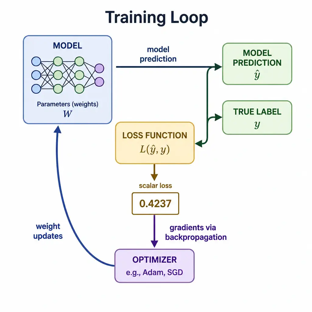 An infographic showing a training loop diagram: model prediction and true label feeding into a box labeled 'Loss Function' producing a single scalar error number, an arrow labeled 'gradients via backpropagation' flowing to a box labeled 'Optimizer', which then loops back with an arrow labeled 'weight updates' into the model, forming a clear cycle.