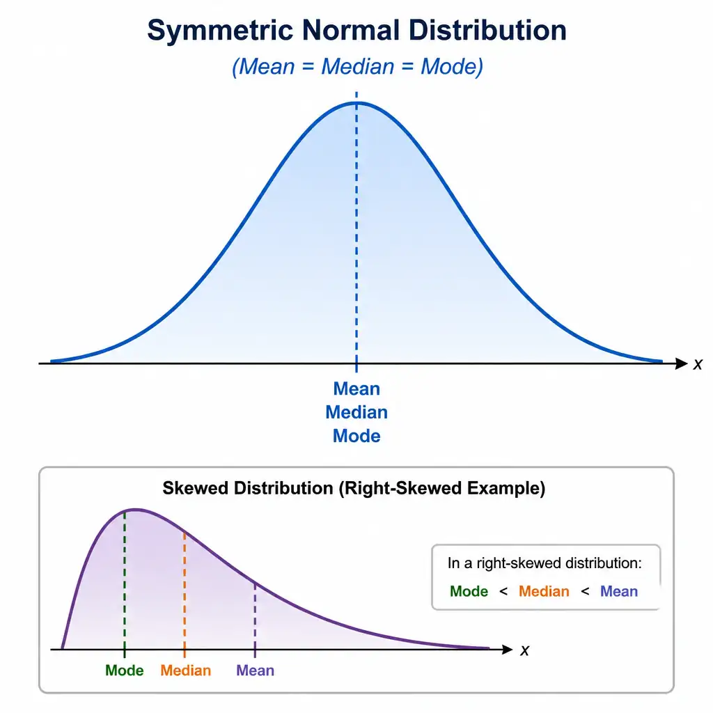 A symmetric bell-curve (normal distribution) with a single vertical dashed line through the center, labeled simultaneously as Mean, Median, and Mode, contrasted with a small inset of a skewed curve where the three measures are shown at different points along the x-axis.