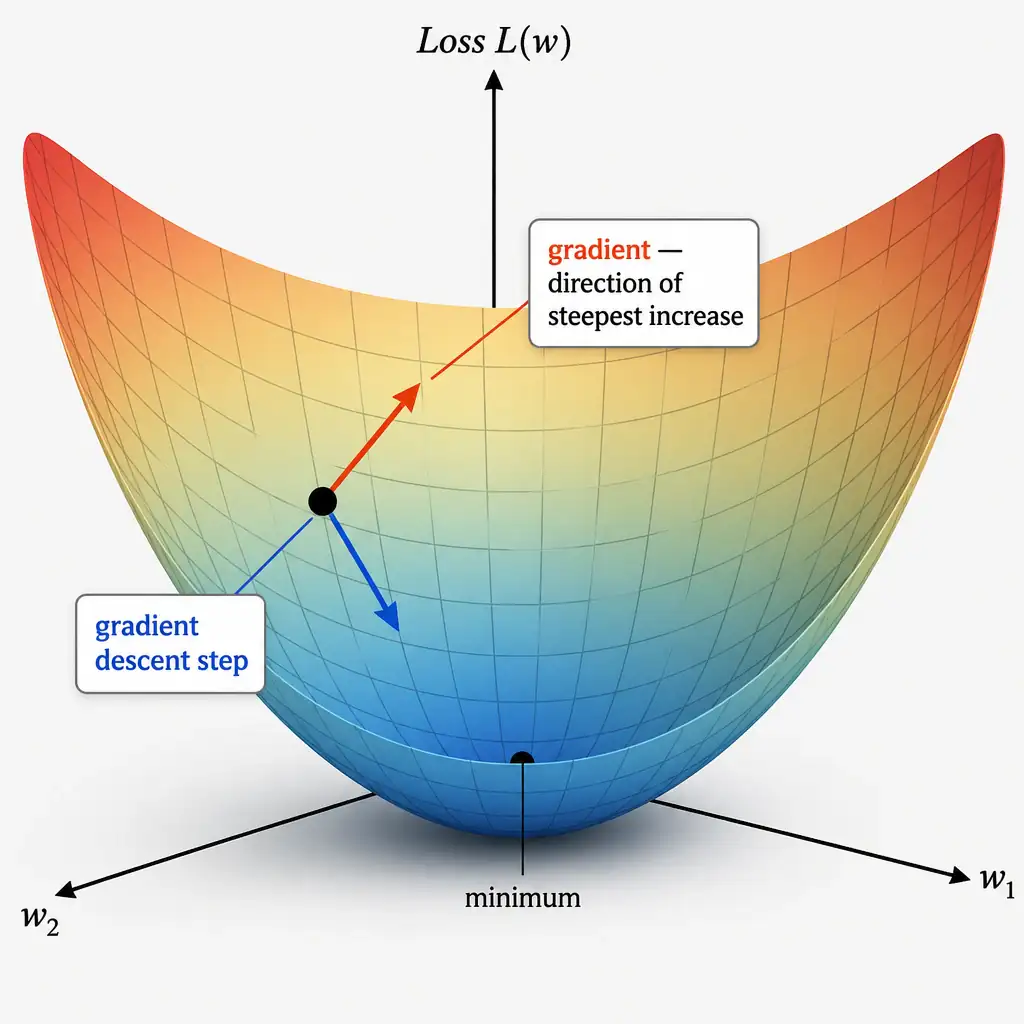 A 3D loss landscape (bowl-shaped surface) with a point on the slope, an arrow labeled 'gradient — direction of steepest increase' pointing uphill, and a second arrow labeled 'gradient descent step' pointing the opposite way, downhill toward the minimum.