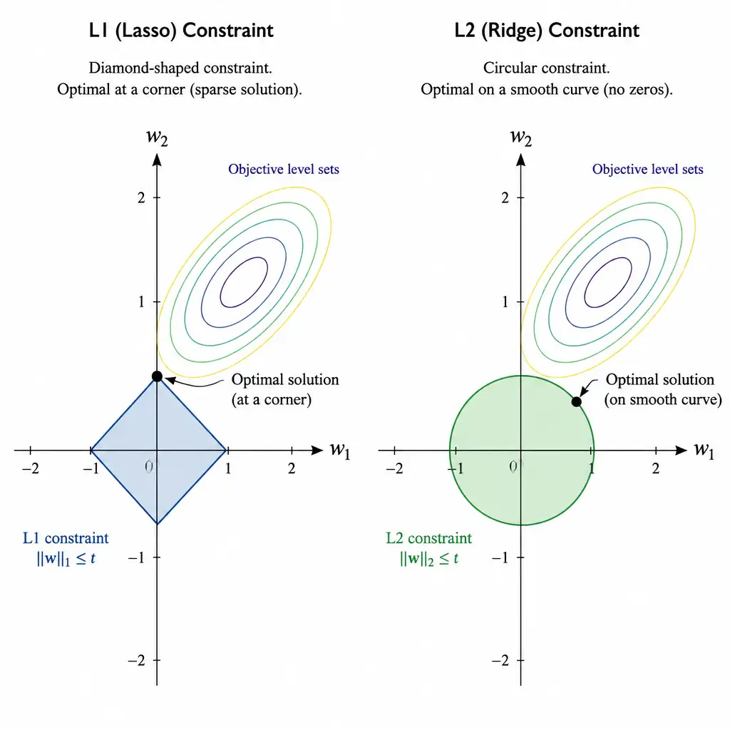 Two contour-plot diagrams side by side: one showing the diamond-shaped L1 constraint region with the optimal point landing on a sharp corner (a weight at exactly zero), and one showing the circular L2 constraint region with the optimal point landing on a smooth curve away from any axis (no weight exactly zero).
