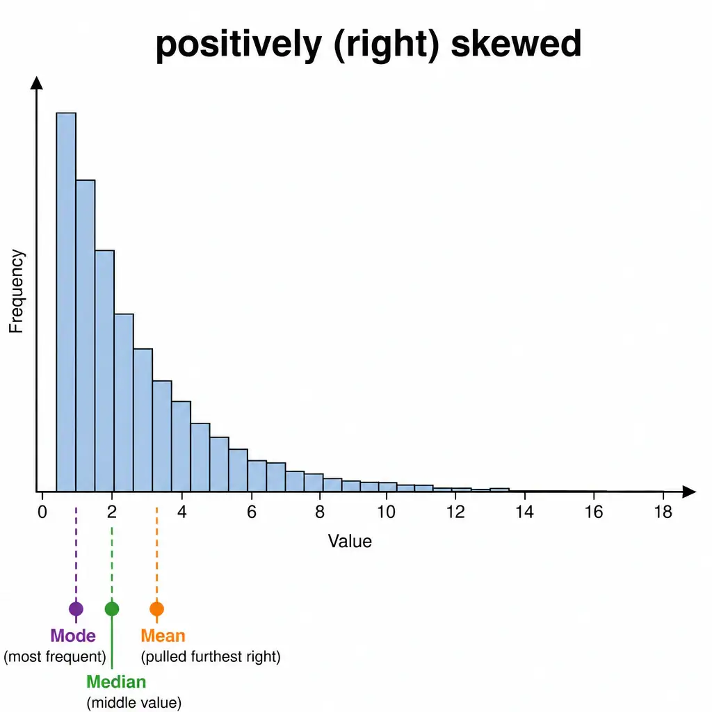 A histogram with a tall cluster of bars near the low end of the x-axis and a long, thin tail of progressively shorter bars extending far to the right, labeled 'positively (right) skewed', with mean, median, and mode marked at three different points to show mean pulled furthest right.