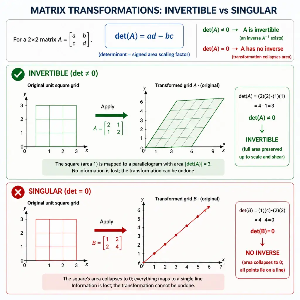 A visual comparing an invertible matrix transformation (a square grid mapped to a rotated/stretched but still full parallelogram) versus a singular matrix transformation (the same grid collapsed flat onto a line), with a determinant formula and 'det ≠ 0 → invertible' / 'det = 0 → no inverse' callouts.