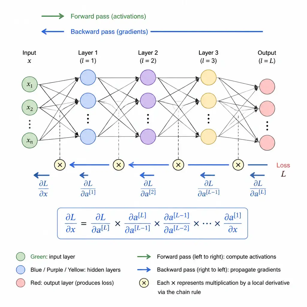A layered neural network diagram with arrows showing forward pass (left to right) and a second set of arrows showing gradient signals flowing backward (right to left), with small multiplication symbols at each layer boundary representing the chain rule multiplying local derivatives together.