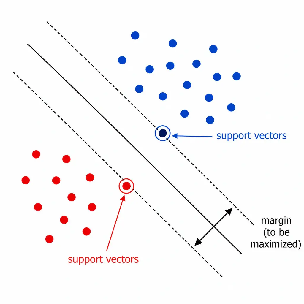 Two clusters of points (two classes, different colors) separated by a solid decision boundary line, flanked by two parallel dashed lines marking the margin, with the closest points on each side circled and labeled 'support vectors,' and an arrow showing the width of the margin being maximized.