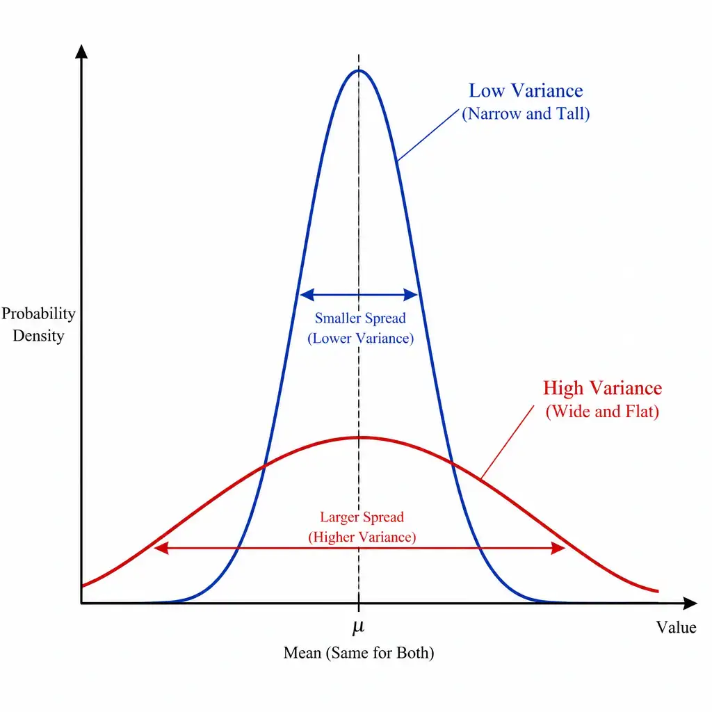 Two bell-shaped distribution curves centered on the same mean value, one narrow and tall (low variance) and one wide and flat (high variance), with double-headed arrows illustrating the spread of data points around the mean in each case.