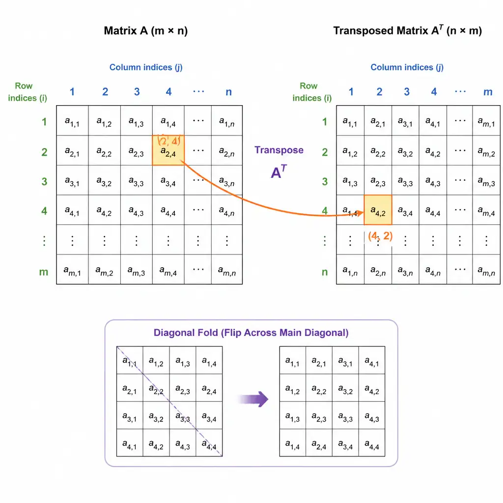 A rectangular grid matrix labeled with row and column indices next to its transposed version rotated so rows and columns are swapped, with colored arrows showing element (2,4) moving to position (4,2), plus a small diagonal-fold icon illustrating the flip.
