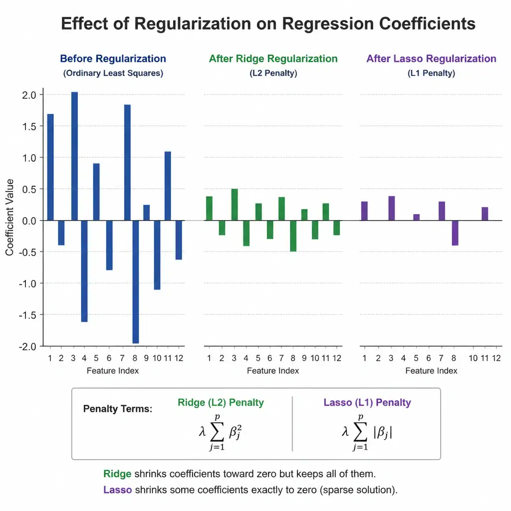 A bar chart of regression coefficients before regularization (tall, erratic bars) versus after ridge/lasso regularization (shorter, more uniform bars), with lasso showing some bars shrunk all the way to zero and ridge showing all bars uniformly reduced but nonzero, plus a small penalty-term formula callout.