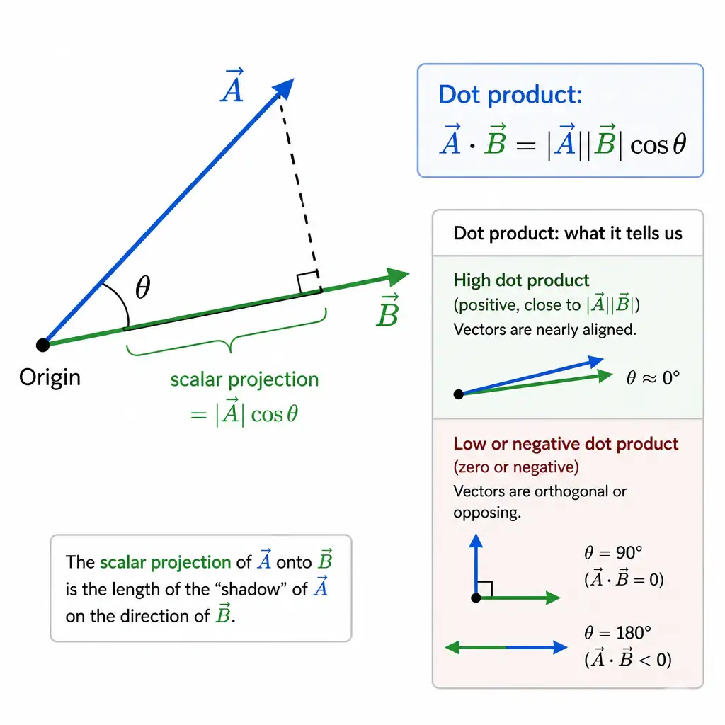 Two vectors originating from the same point at an angle theta, with a dashed perpendicular line showing the projection of vector A onto vector B. Label the projected segment length as 'scalar projection' and show the formula dot product = |a||b|cos(theta) alongside it. Include a small callout comparing high dot product (vectors nearly aligned) versus low/negative dot product (vectors orthogonal or opposing).