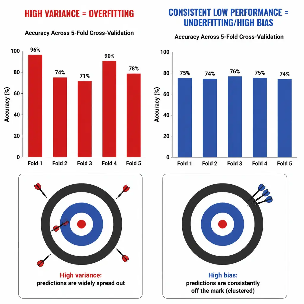 A bar chart showing accuracy scores across 5 cross-validation folds with wildly different heights (e.g., 96%, 74%, 71%, 90%, 78%), labeled 'high variance = overfitting'. Beside it, a contrasting bar chart showing 5 folds all clustered around a similar lower value (e.g., 74-76%), labeled 'consistent low performance = underfitting/high bias'. Include small target/dartboard icons: tight cluster off-center for bias, scattered wide spread for variance.