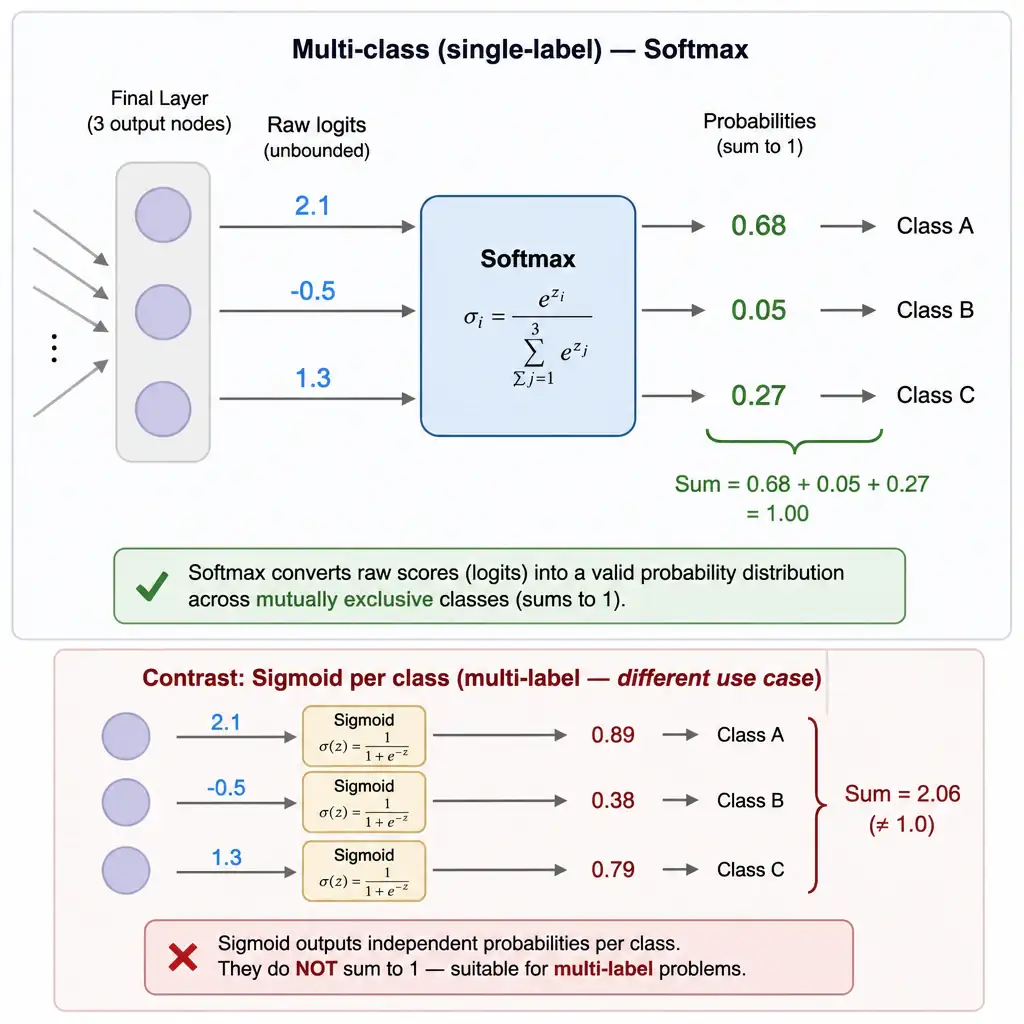 A neural network's final layer with 3 output nodes labeled Class A, B, C. Show raw logits (e.g., 2.1, -0.5, 1.3) flowing through a softmax function box, transforming into three probability values (e.g., 0.68, 0.05, 0.27) with a bracket showing they sum to 1.0. Include a contrasting small panel showing sigmoid outputs per class that do NOT sum to 1, labeled 'multi-label — different use case'.