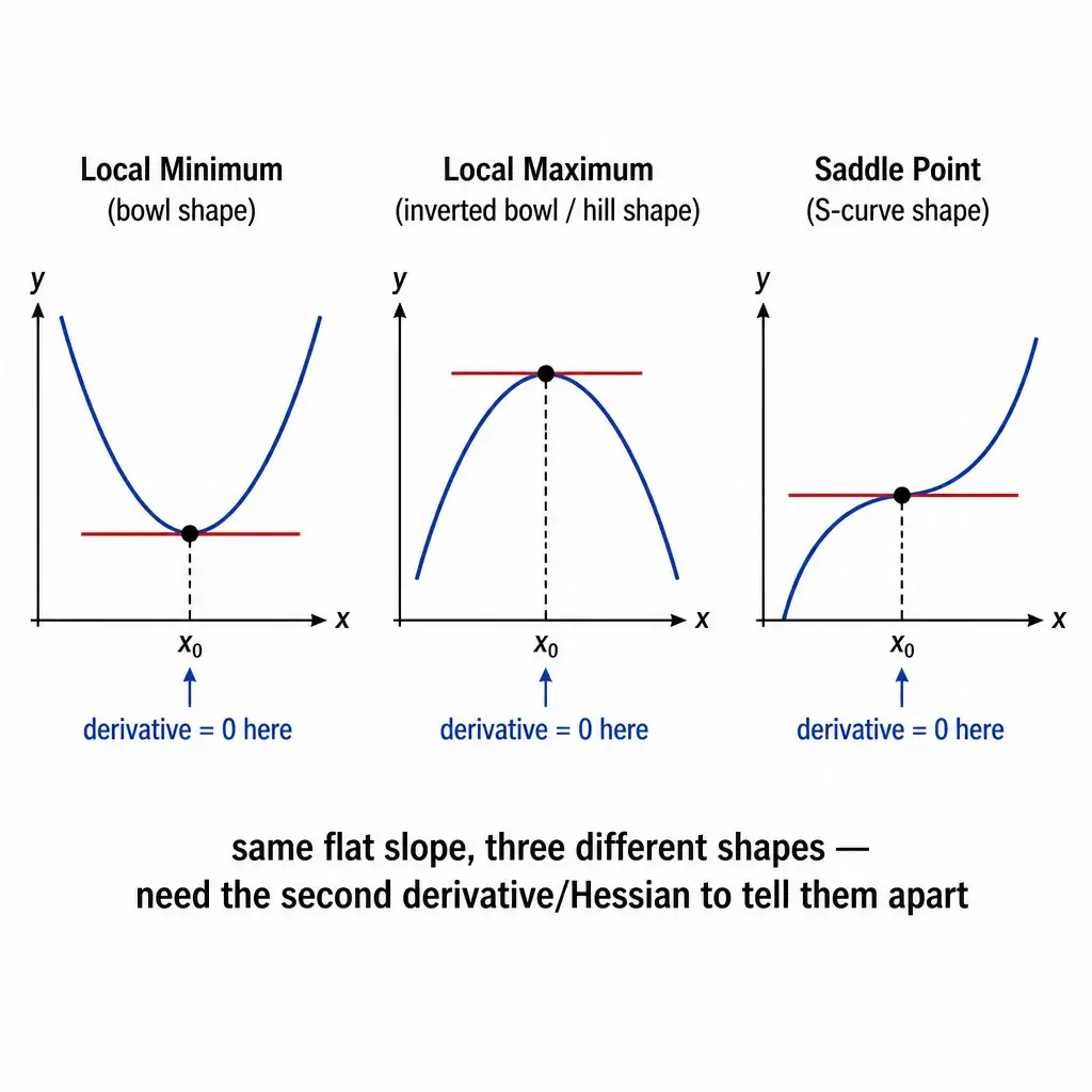 Three side-by-side curve diagrams, each with a flat tangent line at a marked point: one showing a bowl shape (local minimum), one showing an inverted bowl/hill shape (local maximum), and one showing an S-curved saddle shape (saddle point, up in one direction, down in another). Label all three as 'derivative = 0 here' with a caption reading 'same flat slope, three different shapes — need the second derivative/Hessian to tell them apart'.