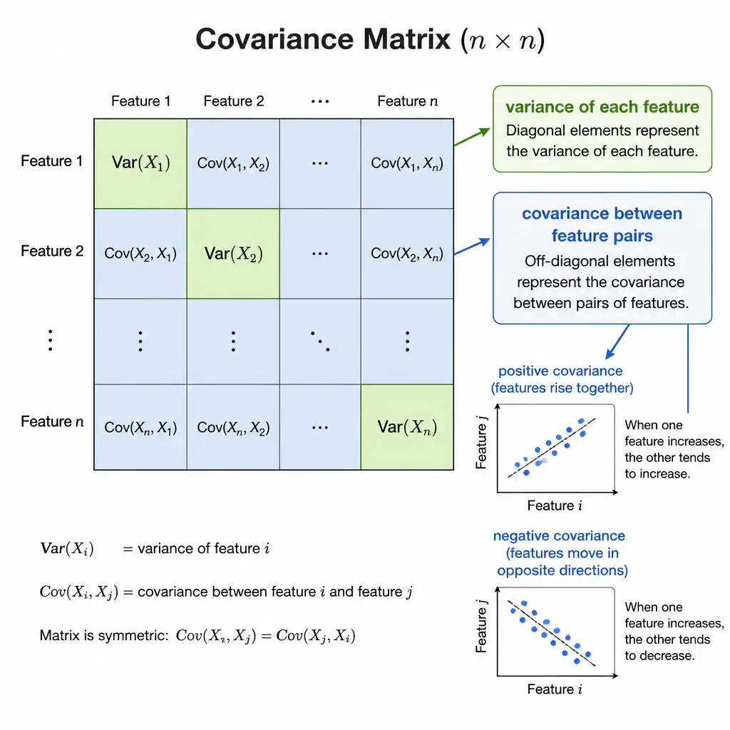 A grid representing an n-by-n covariance matrix, with the diagonal cells highlighted and labeled 'variance of each feature' and the off-diagonal cells highlighted and labeled 'covariance between feature pairs', with small arrows showing two features rising together versus two features moving in opposite directions.