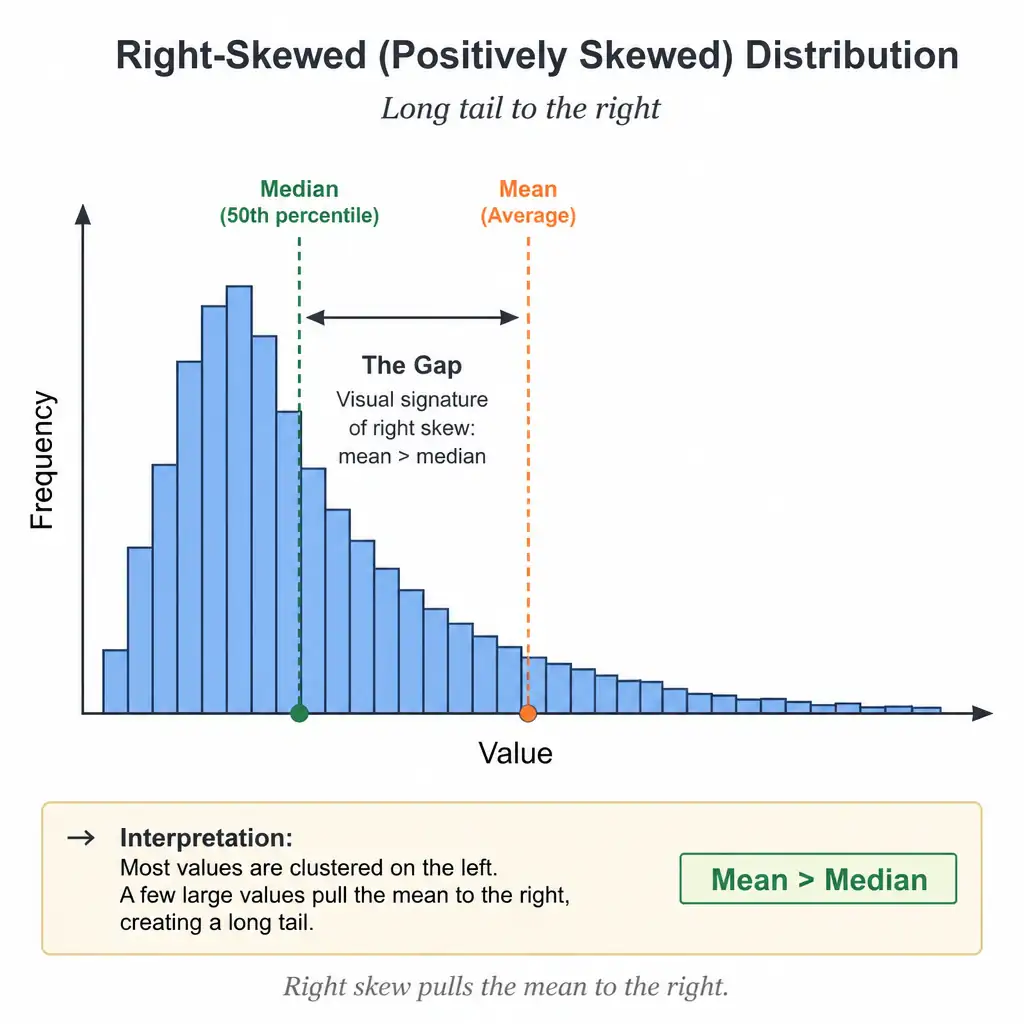 A right-skewed histogram with a long tail extending to the right, with vertical markers showing the median sitting near the bulk of the data and the mean pulled further right toward the tail, labeled to show the gap between the two as the visual signature of skew.