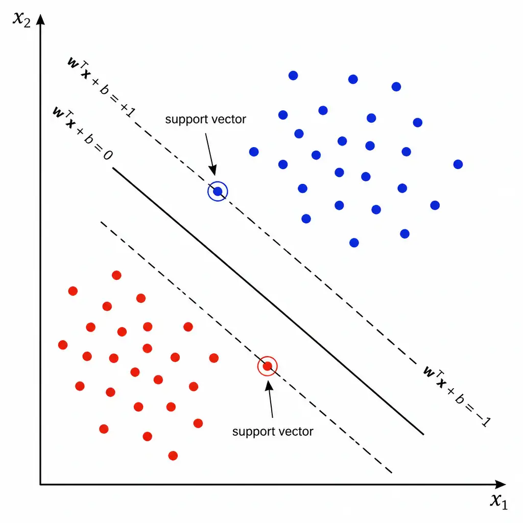Two clusters of differently colored points in 2D space with a straight line (hyperplane) separating them, dashed parallel lines on either side marking the maximum margin, and the closest points on each side circled and labeled 'support vectors'.