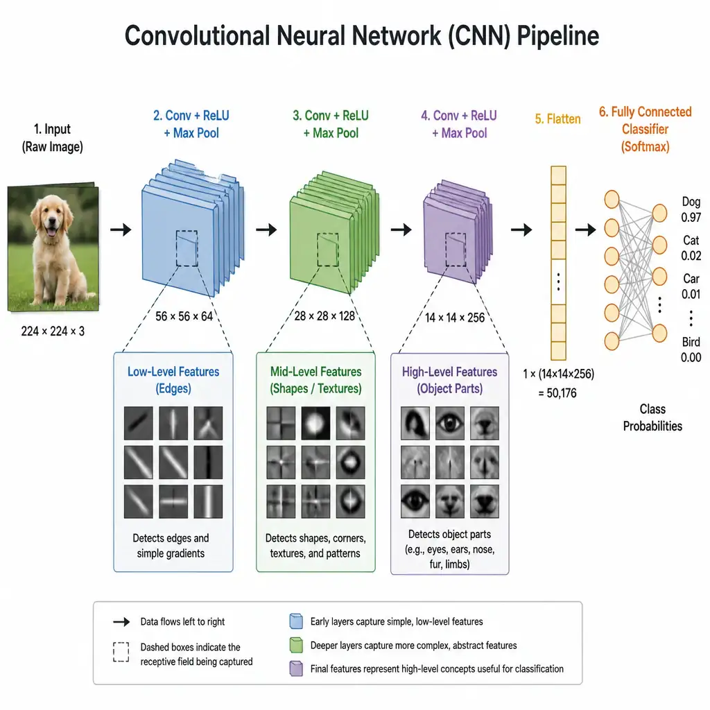 A CNN pipeline diagram showing a raw image feeding into successive convolution+pooling blocks, with each stage labeled to show increasingly abstract features being extracted: edges in the first block, shapes/textures in the middle block, and object parts in the deepest block, before flattening into a classifier.