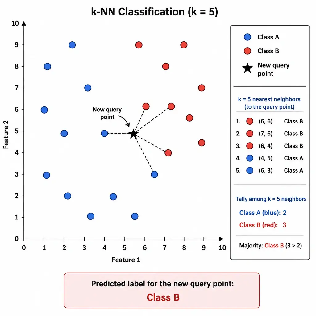 A 2D scatter plot showing a new query point (star) surrounded by circles of different colors representing two classes, with dashed lines connecting it to its k=5 nearest neighbors and a tally showing the majority class among those neighbors determining the predicted label.