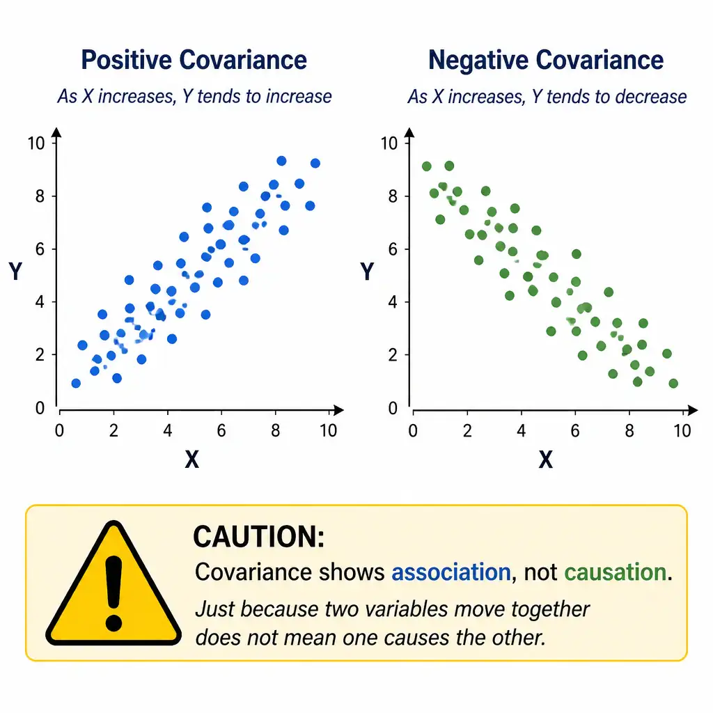 A scatter plot showing a clear upward-sloping cloud of points for X versus Y, illustrating positive covariance, placed next to a second scatter plot with a downward-sloping cloud illustrating negative covariance, with a caution icon reminding that covariance shows association, not causation.