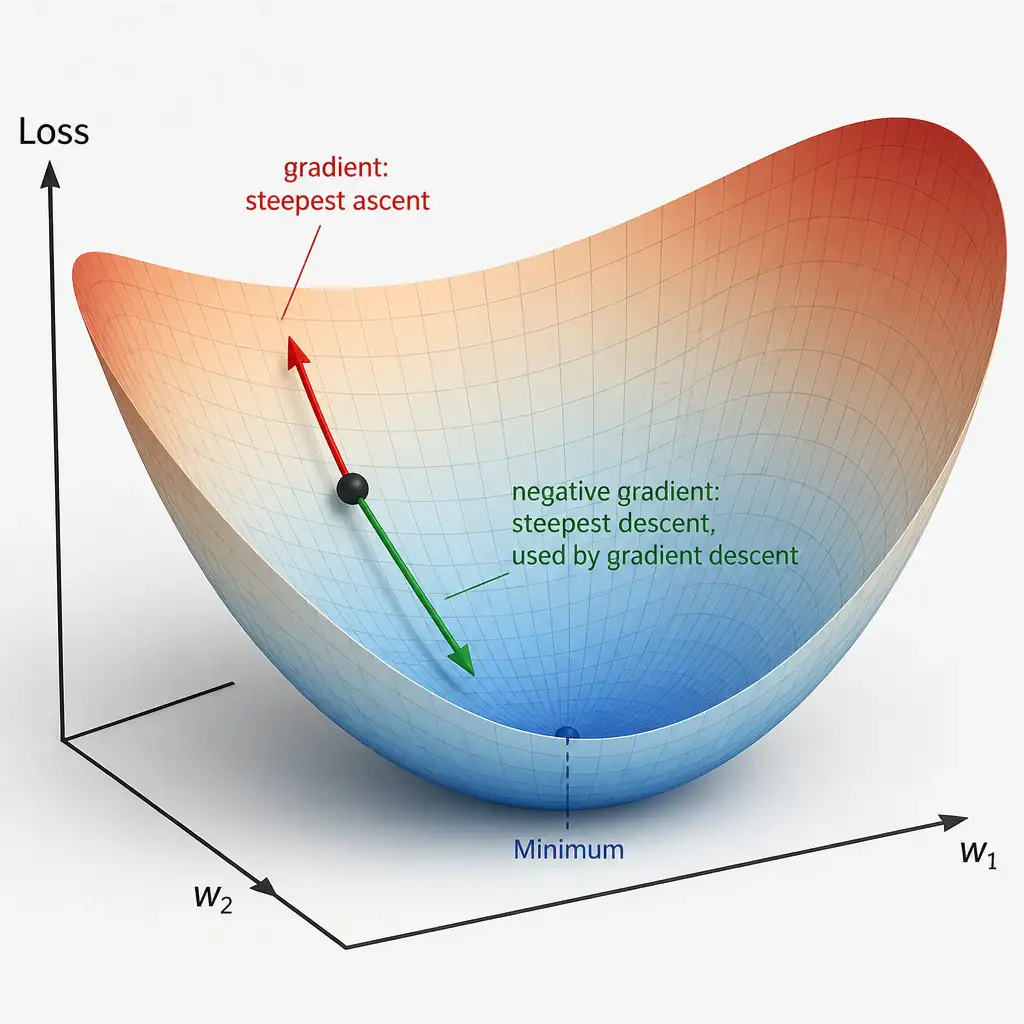 A 3D bowl-shaped loss surface with a point on its slope, an arrow pointing uphill labeled 'gradient: steepest ascent' and a second arrow pointing downhill toward the bowl's minimum labeled 'negative gradient: steepest descent, used by gradient descent'.